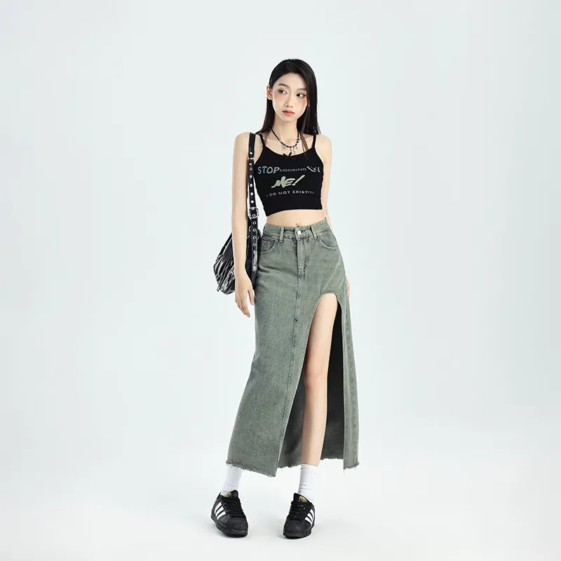 Ordifen Denim Long Skirts Women's Vintage Blue-1