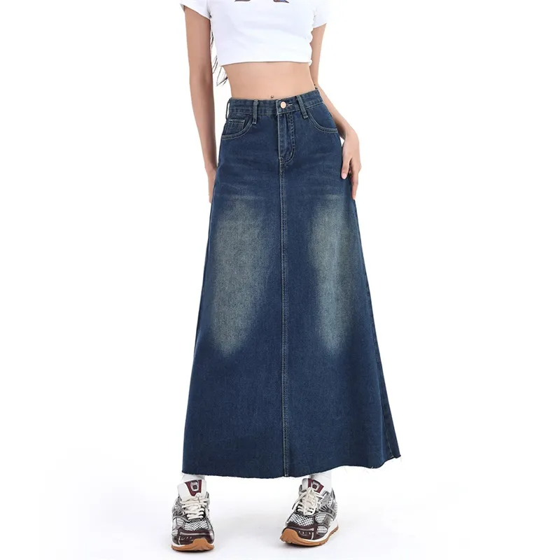 Ordifen Denim Long Skirts Women's Blue-3