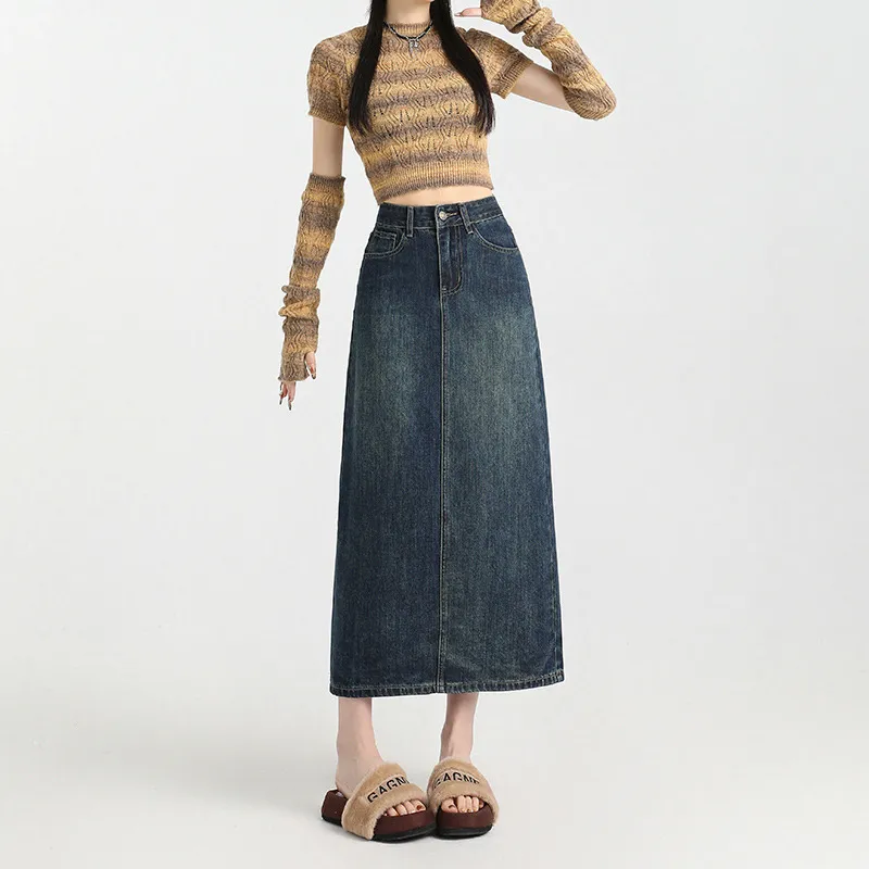 Ordifen Denim Long Skirt Women's Blue-3