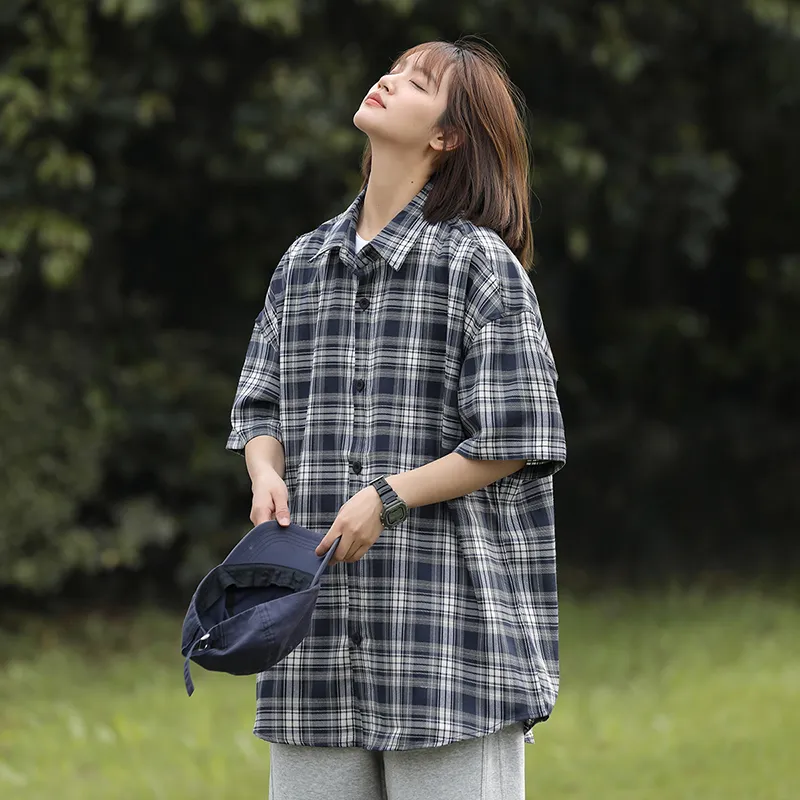 Ordifen Shirts Women's Dark Blue Plaid-3