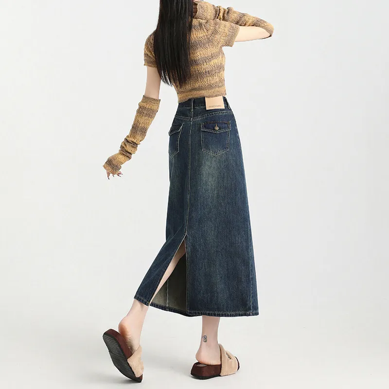 Ordifen Denim Long Skirt Women's Blue-4