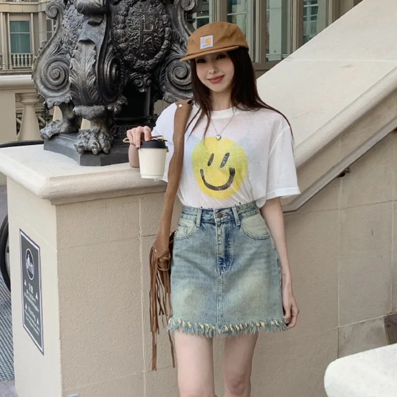 Ordifen Denim Short Skirts Women's Vintage Blue-3