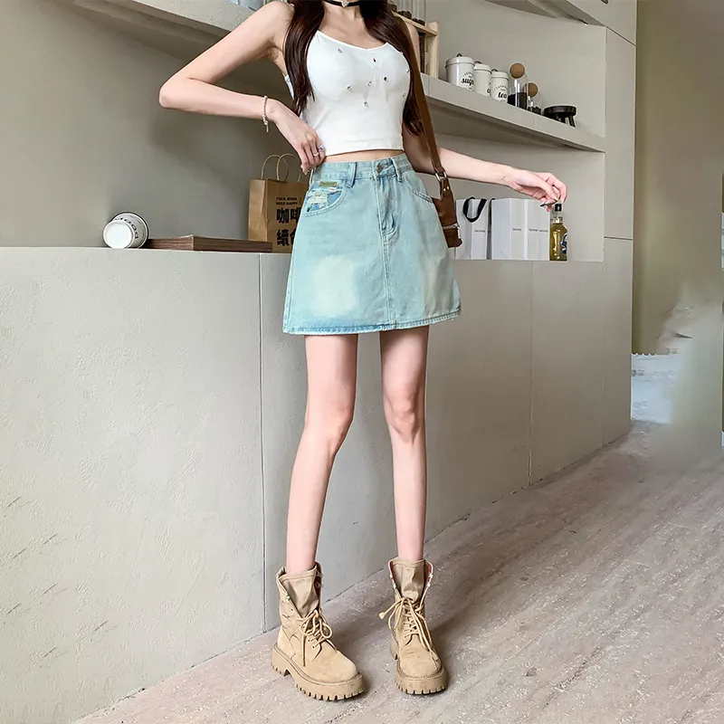 Ordifen Denim Short Skirts Women's Light Blue-3