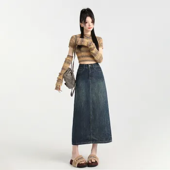 Ordifen Denim Long Skirt Women's Blue
