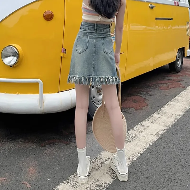 Ordifen Denim Short Skirts Women's Vintage Blue-5