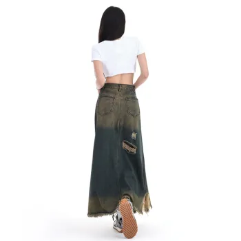 Ordifen Denim Long Skirts Unisex Vintage Blue