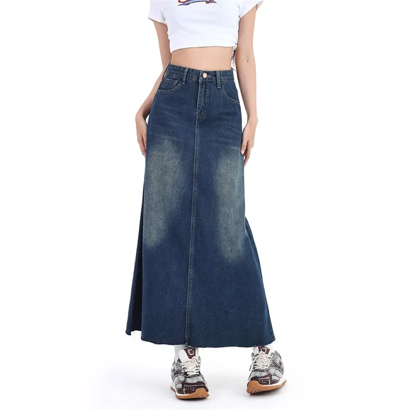 Ordifen Denim Long Skirts Women's Blue-4