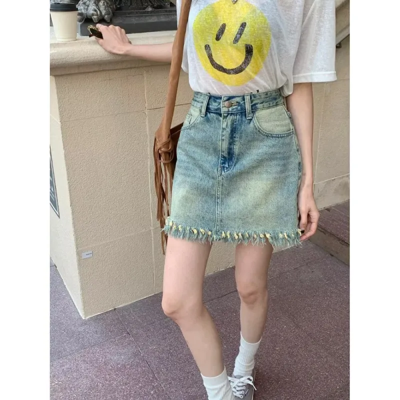 Ordifen Denim Short Skirts Women's Vintage Blue-4
