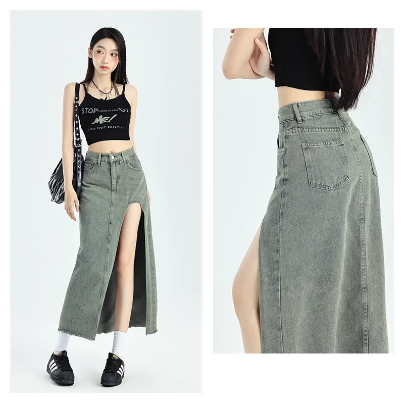 Ordifen Denim Long Skirts Women's Vintage Blue-5