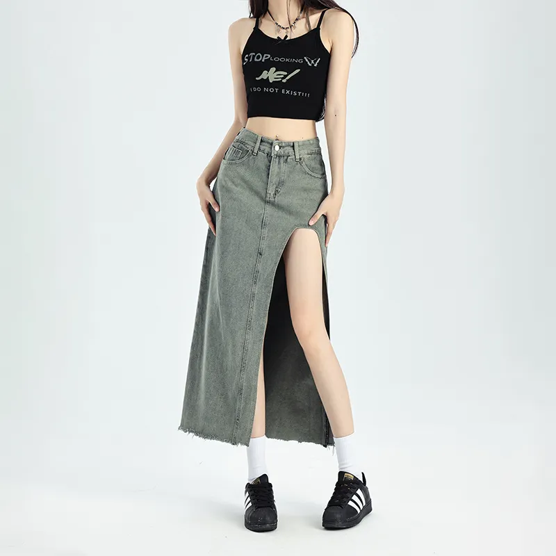Ordifen Denim Long Skirts Women's Vintage Blue-2