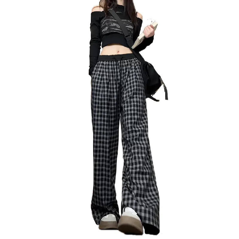 Ordifen Casual Pants Women's Black Plaid-3