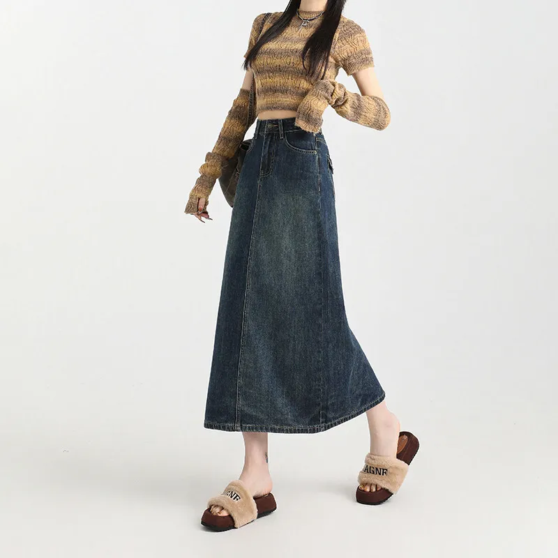 Ordifen Denim Long Skirt Women's Blue-1