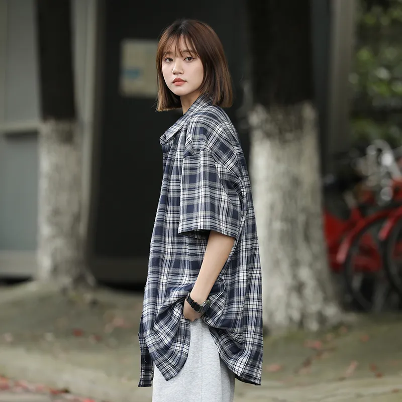 Ordifen Shirts Women's Dark Blue Plaid-2