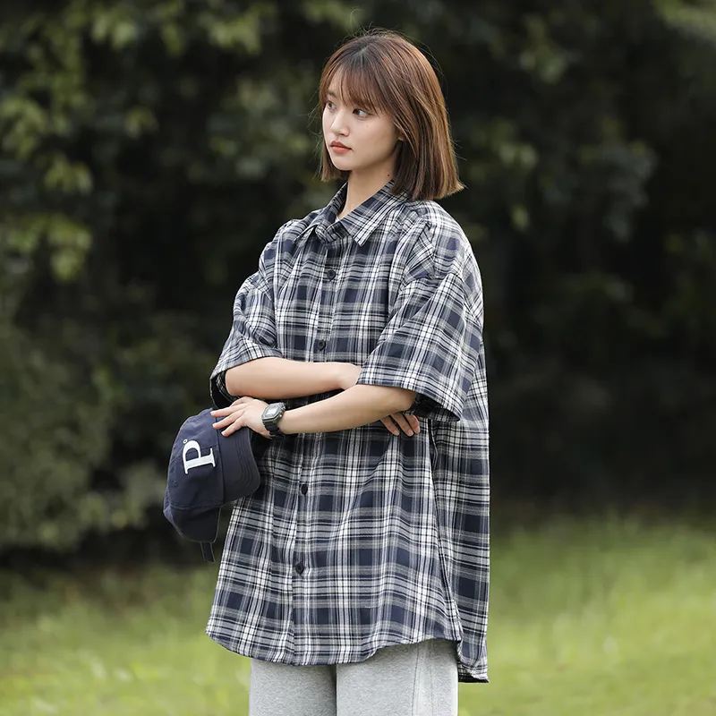 Ordifen Shirts Women's Dark Blue Plaid-4