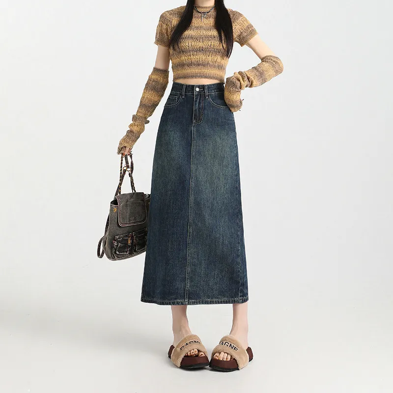 Ordifen Denim Long Skirt Women's Blue-2
