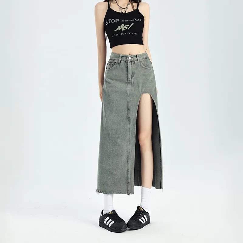 Ordifen Denim Long Skirts Women's Vintage Blue-3