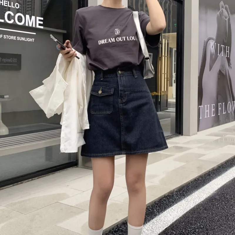 Ordifen Denim Short Skirts Women's Blue Gray-5