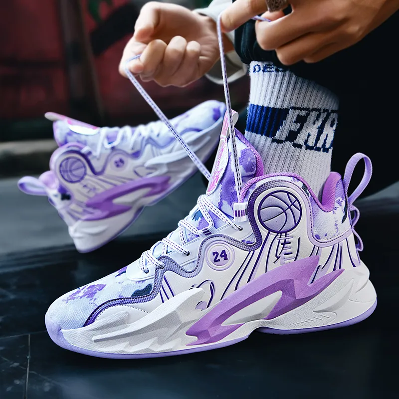 MUSHILANDI Cushioning Height Increase With Rebound Mid Top Basketball Shoes Unisex White Purple-4