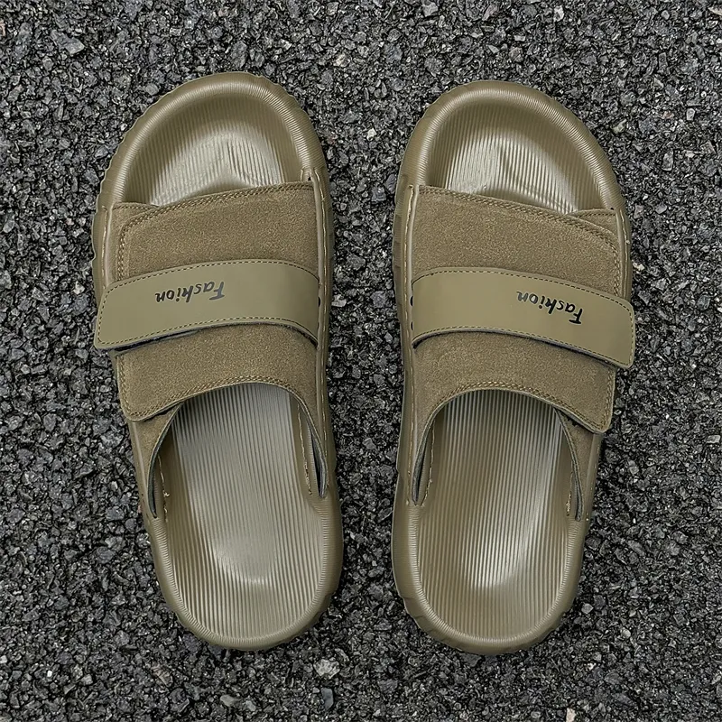MOMGOG Rubber Sole Slip Resistant Odor Resistant Abrasion Resistant Cushioning Slide Slippers Men's Khaki Green-3