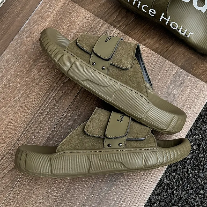 MOMGOG Rubber Sole Slip Resistant Odor Resistant Abrasion Resistant Cushioning Slide Slippers Men's Khaki Green-2