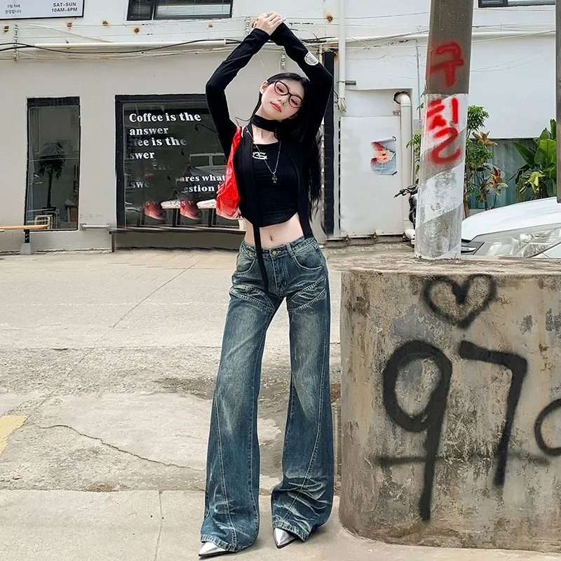 KUNZHUDAXIANG Jeans Women's Vintage Blue-8