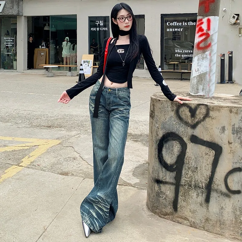 KUNZHUDAXIANG Jeans Women's Vintage Blue-3