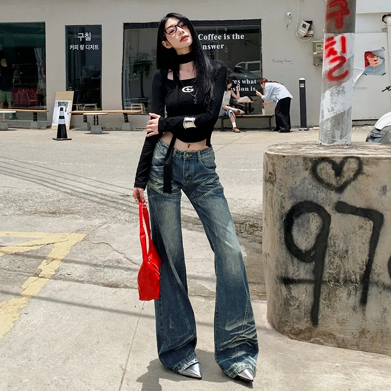KUNZHUDAXIANG Jeans Women's Vintage Blue-2
