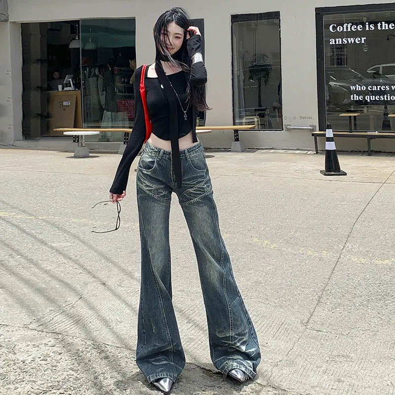 KUNZHUDAXIANG Jeans Women's Vintage Blue-17