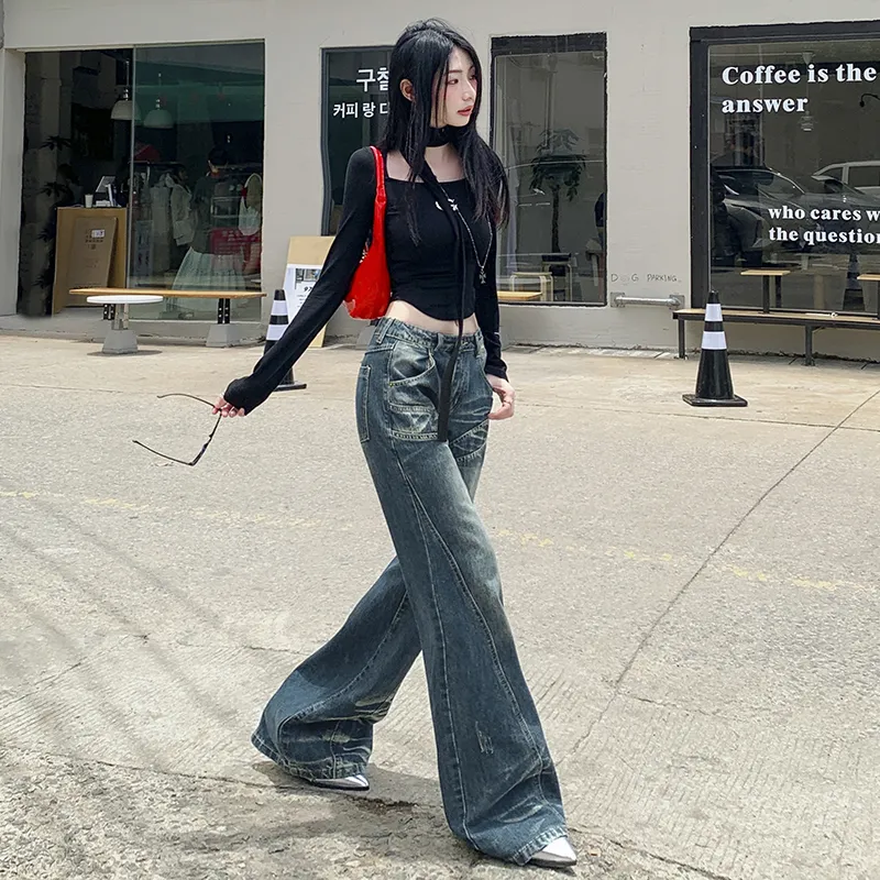 KUNZHUDAXIANG Jeans Women's Vintage Blue-18