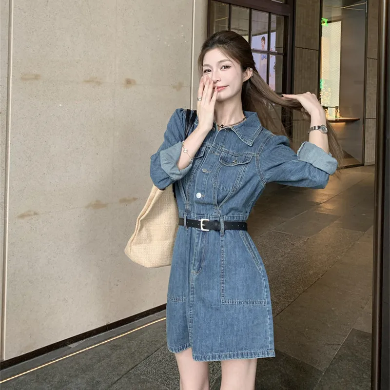 ZCDECO Long Sleeved Dress Women's Denim Blue-3