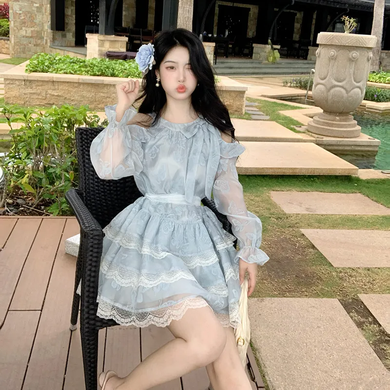 ZCDECO Long Sleeved Dress Women's Blue-6