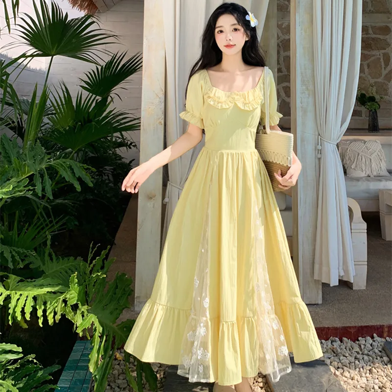 ZCDECO Short Sleeved Dress Women's Elegant Yellow-2