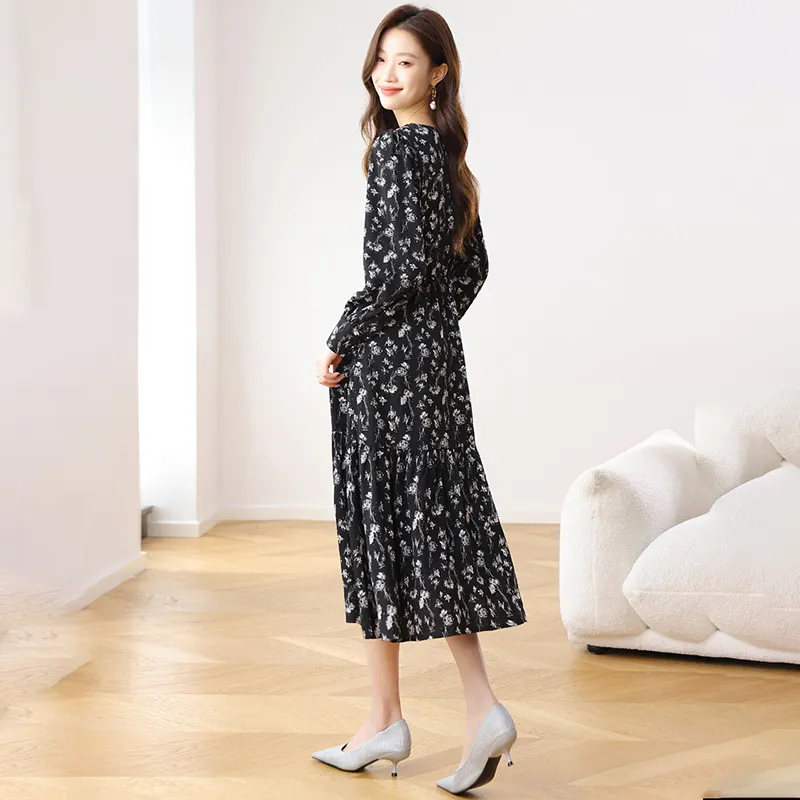 ZCDECO Long-Sleeved Dresses Women's 1Black Floral-6