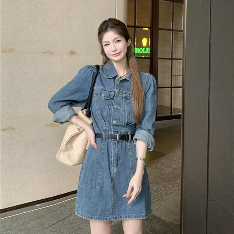 ZCDECO Long Sleeved Dress Women's Denim Blue-4