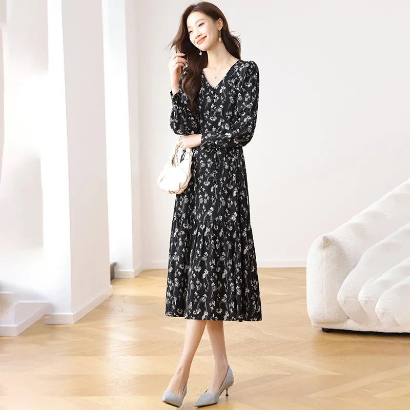 ZCDECO Long-Sleeved Dresses Women's 1Black Floral-5