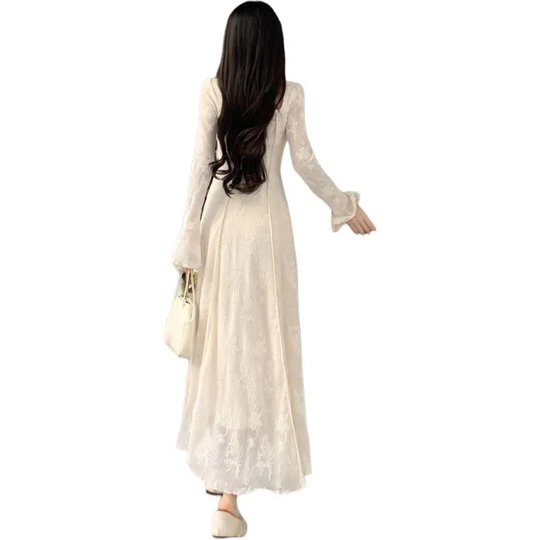 ZCDECO Long Sleeved Dress Women's Beige Apricot-0