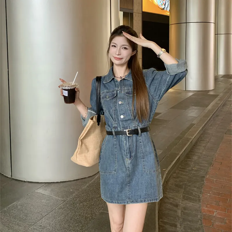 ZCDECO Long Sleeved Dress Women's Denim Blue-2