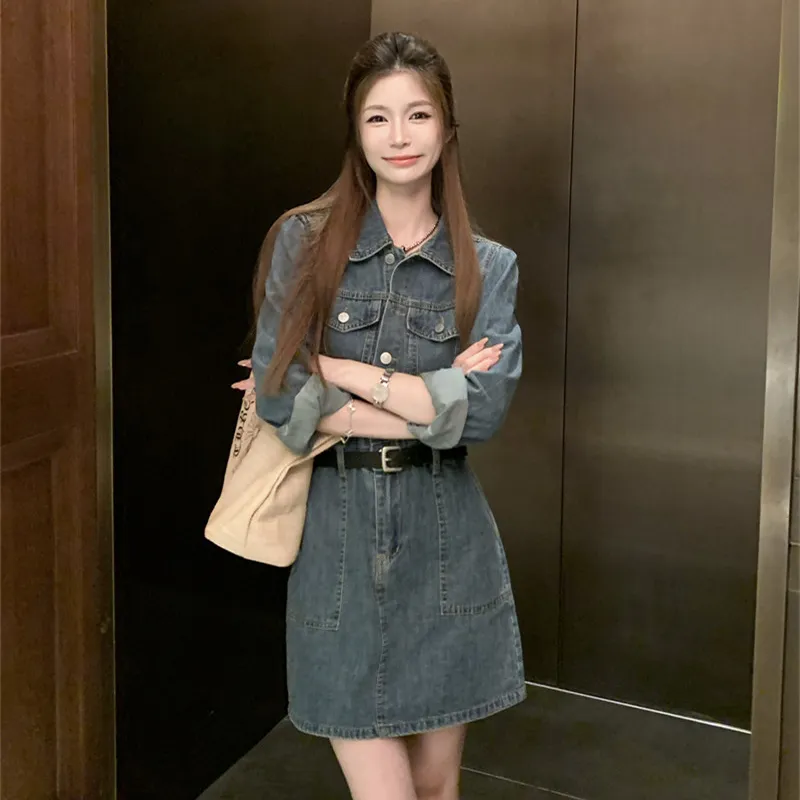 ZCDECO Long Sleeved Dress Women's Denim Blue-5