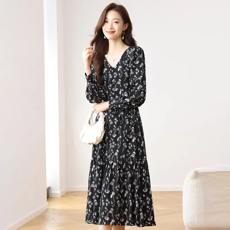 ZCDECO Long-Sleeved Dresses Women's 1Black Floral-3