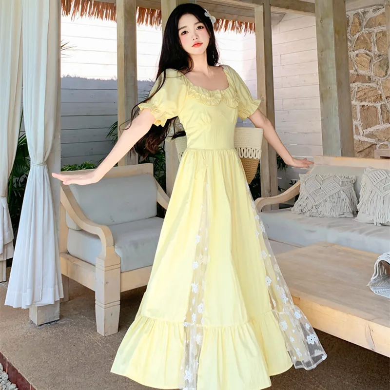 ZCDECO Short Sleeved Dress Women's Elegant Yellow-4