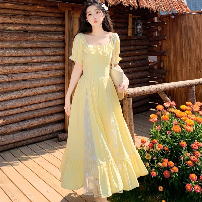 ZCDECO Short Sleeved Dress Women's Elegant Yellow-1