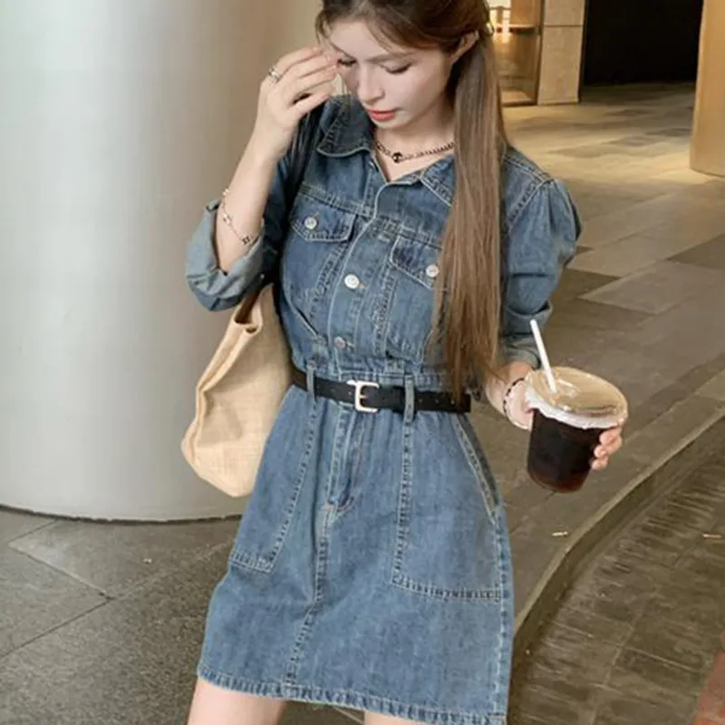 ZCDECO Long Sleeved Dress Women's Denim Blue-6