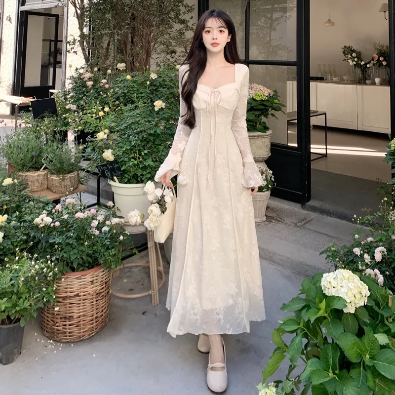 ZCDECO Long Sleeved Dress Women's Beige Apricot-1