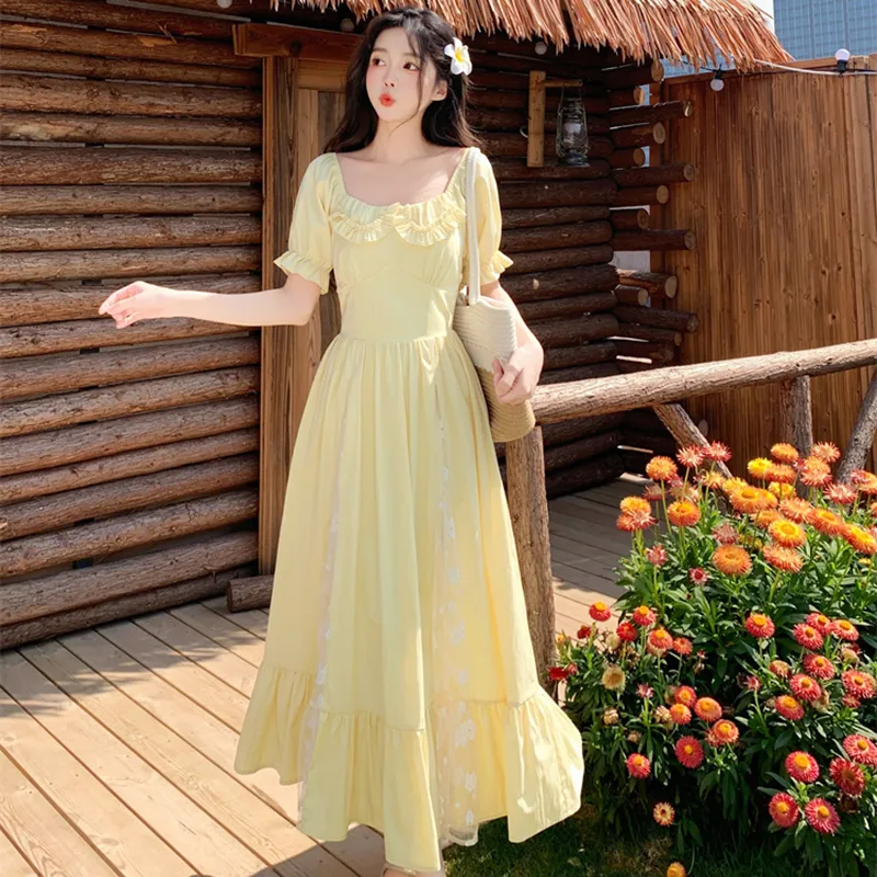 ZCDECO Short Sleeved Dress Women's Elegant Yellow-3