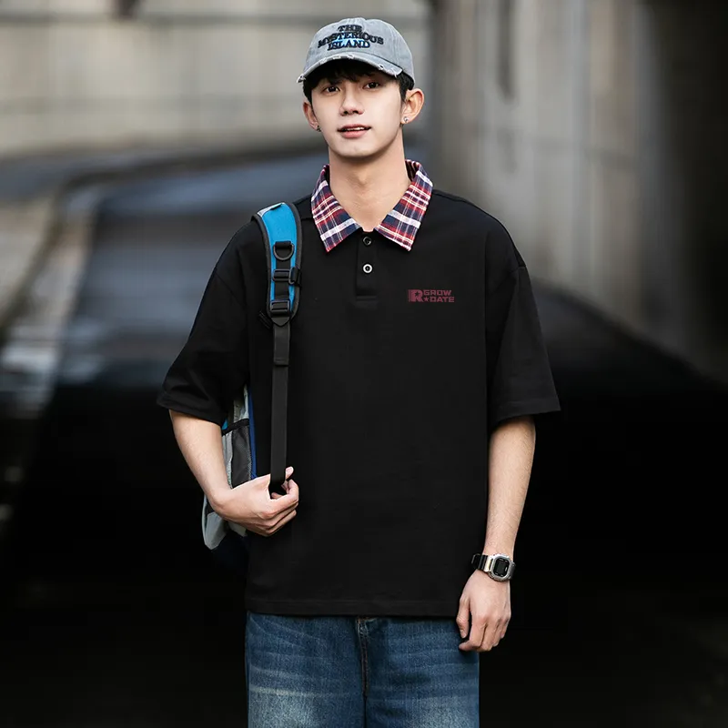 GROW DATE Polo Shirt Unisex Black/Red Plaid-8