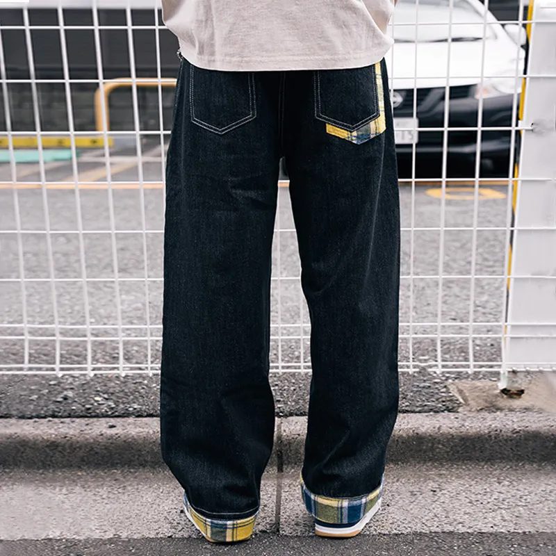 MIND ERROR Jeans Unisex Black Yellow Blue Plaid-3