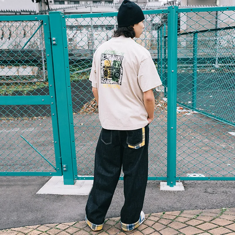 MIND ERROR Jeans Unisex Black Yellow Blue Plaid-5