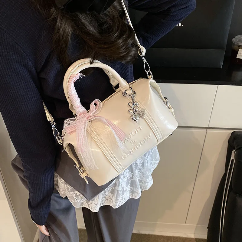 Miss Angel PU Boston Bag Handbag Women's White/Black/Silver-1