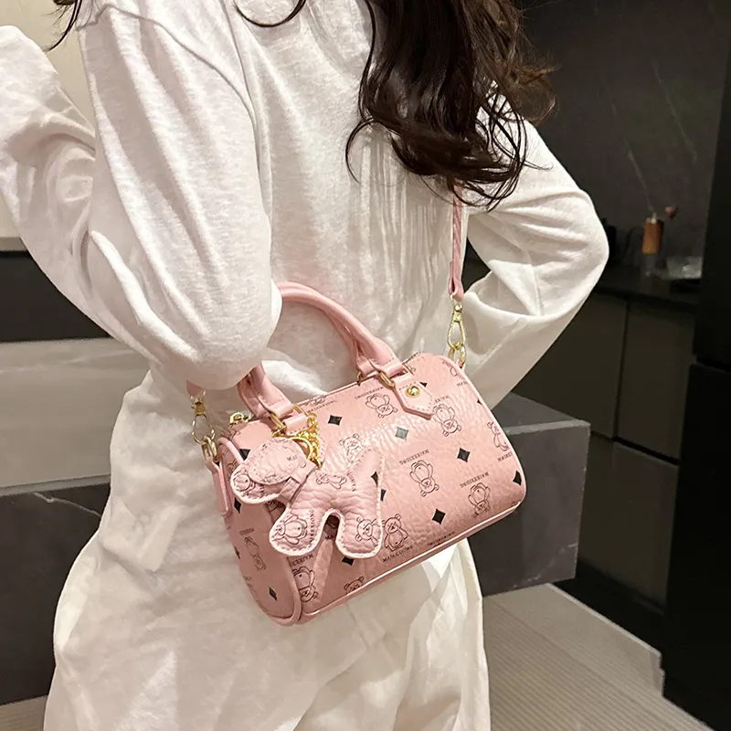 Miss Angel PU Boston Bag, Shoulder Bag, Handbag Women's Pink/Black/Brown-1