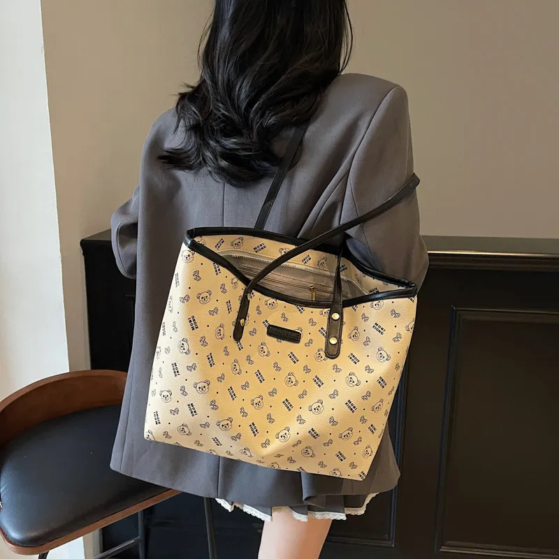 Miss Angel PU Tote Bag Shopping Bag Shoulder Bags Women's Black/Khaki-4